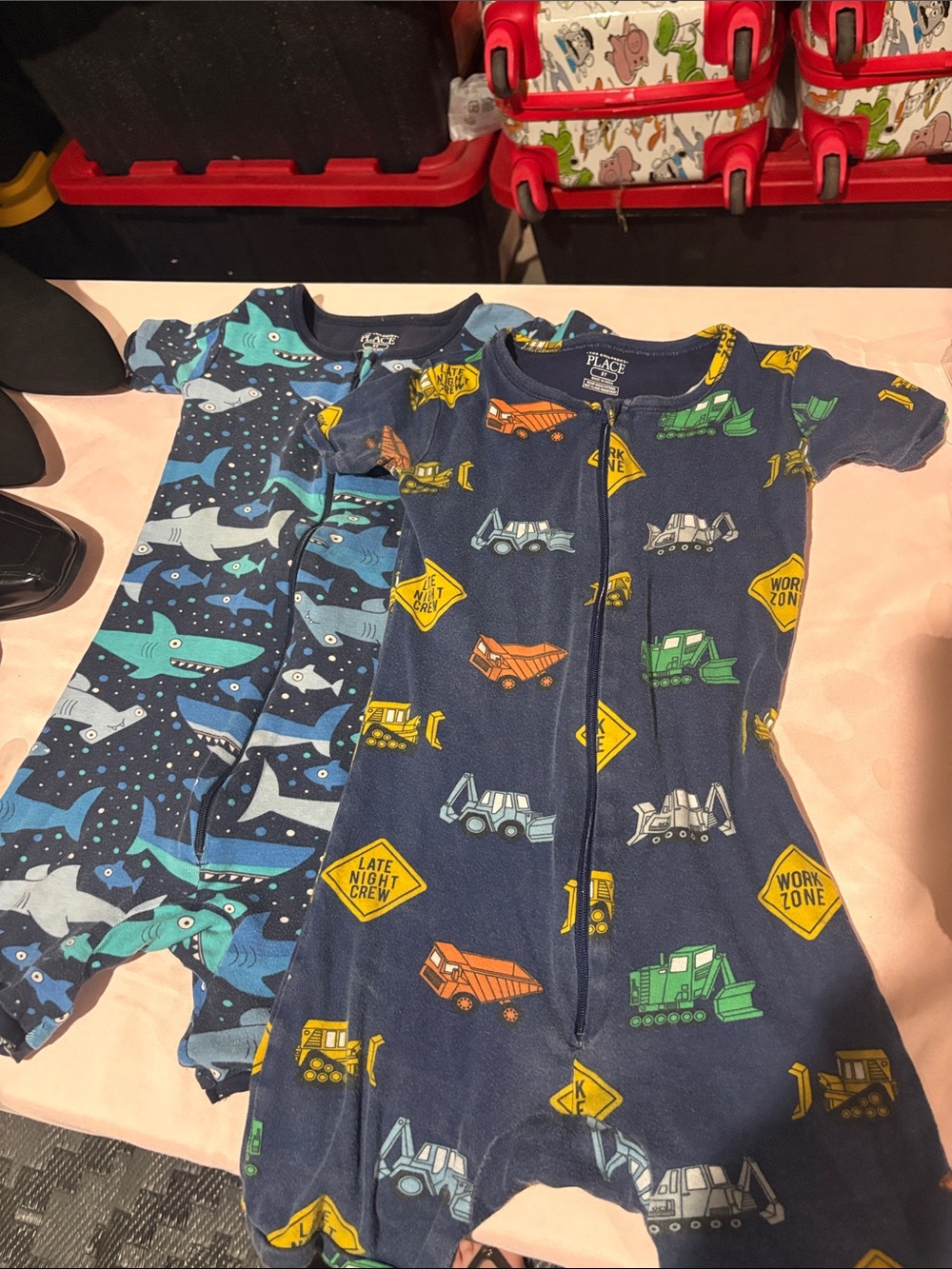 The Children's Place Navy Construction & Teal Shark Pajama Rompers